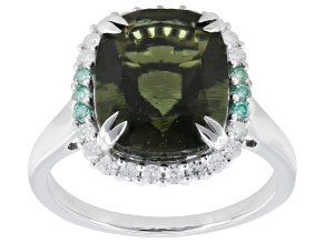 Green Moldavite Rhodium Over Sterling Silver Halo Ring 4.40ctw