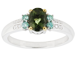 Moldavite with Moissanite Rhodium and 18k Yellow Gold Over Sterling Silver Ring 0.72ctw