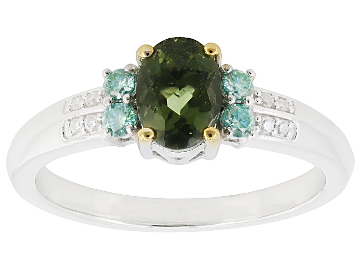 Moldavite with Moissanite Rhodium and 18k Yellow Gold Over Sterling Silver Ring 0.72ctw