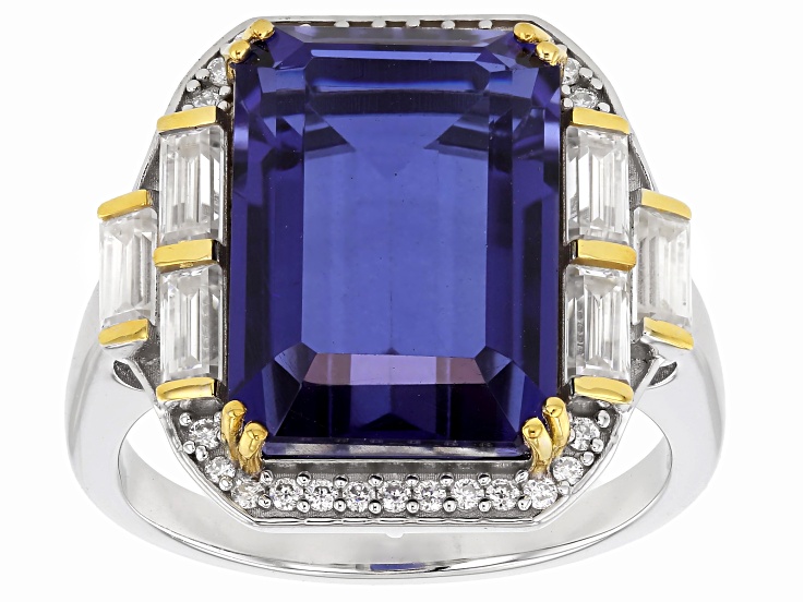 Blue Royal Iris Quartz Doublet Rhodium and 18K Yellow Gold Over Sterling Silver Ring 7.29ctw