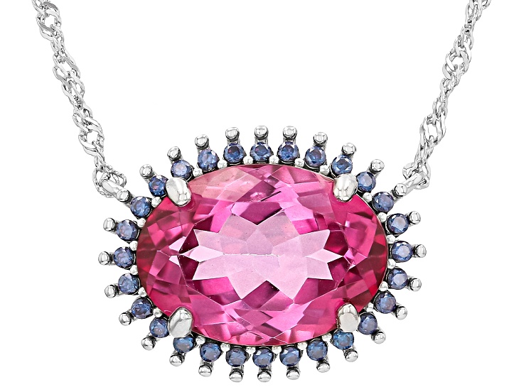 Pink Topaz with Blue Moissanite Rhodium Over Sterling Silver Necklace 6.40ctw