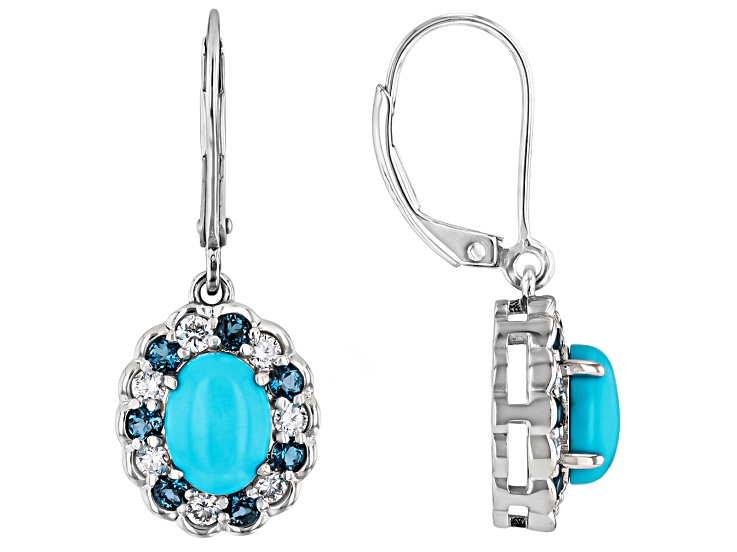 Blue Sleeping Beauty Turquoise Rhodium Over Sterling Silver Halo Dangle Earrings 0.87ctw