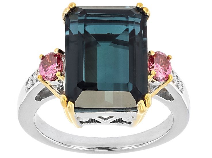 Blue Indicolite Color Quartz Doublet Rhodium Over Sterling Silver Two-Tone Ring 6.87ctw