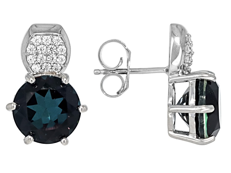 Blue Indicolite Color Quartz Doublet with White Moissanite Rhodium Over Silver Earrings 7.23ctw