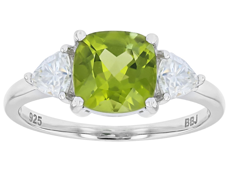 Green Peridot with White Moissanite Rhodium Over Sterling Silver Ring 2.94ctw