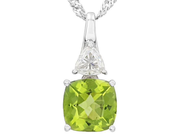Green Peridot with White Moissanite Rhodium Over Sterling Silver Pendant with Chain 2.65ctw