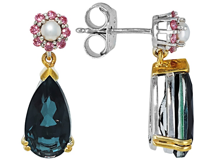 Blue Indicolite Color Quartz Doublet Rhodium Over Sterling Silver Two-Tone Dangle Earrings 5.27ctw