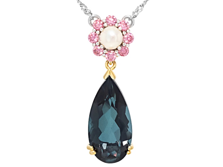 Blue Indicolite Color Quartz Doublet Rhodium Over Sterling Silver Two-Tone Necklace 7.21ctw