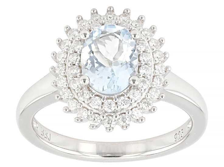 Blue Mangoro Aquamarine With Moissanite Rhodium Over Sterling Silver Double Halo Ring 1.30ctw