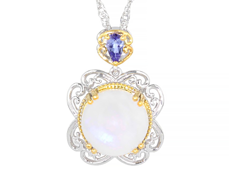 Blue Rainbow Moonstone with Blue Tanzanite Rhodium Over Silver Two-Tone Pendant With Chain 0.17ctw