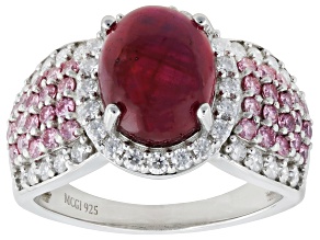 Mahaleo® Ruby With White & Pink Moissanite Rhodium Over Sterling Silver Ring 0.92ctw