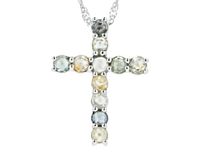 Multi Color Montana Sapphire Rhodium Over Sterling Silver Cross Pendant With Chain 1.20ctw