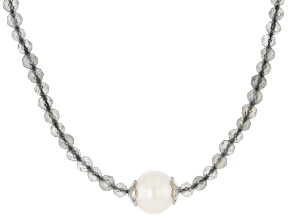 Gray Labradorite with White Cultured Freshwater Pearl Rhodium Over Silver Beaded Necklace 20.00ctw