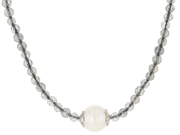 Gray Labradorite with White Cultured Freshwater Pearl Rhodium Over Silver Beaded Necklace 20.00ctw