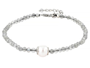 Gray Labradorite with White Cultured Freshwater Pearl Rhodium Over Silver Beaded Bracelet 9.00ctw