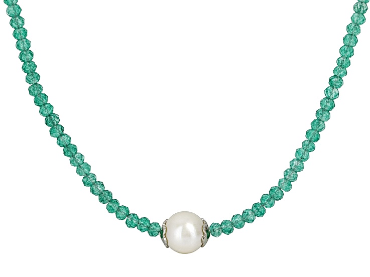 Green Onyx with White Cultured Freshwater Pearl Rhodium Over Silver Beaded Necklace 22.00ctw