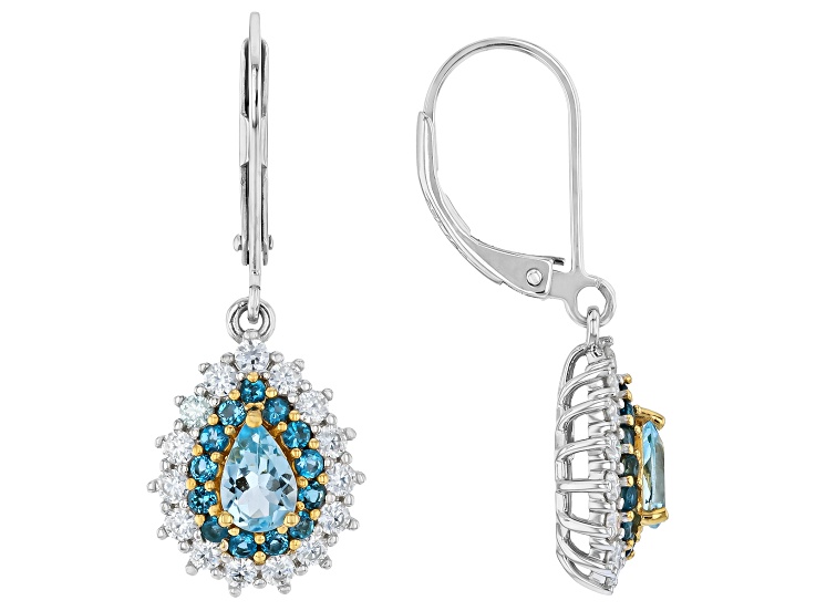 Blue Mangoro Aquamarine Rhodium & 18K Yellow Gold Over Sterling Siver Earrings 1.58ctw