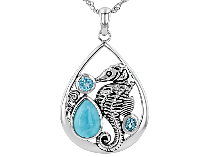 Blue Larimar Oxidized Sterling Silver Pendant with Chain 0.49ctw
