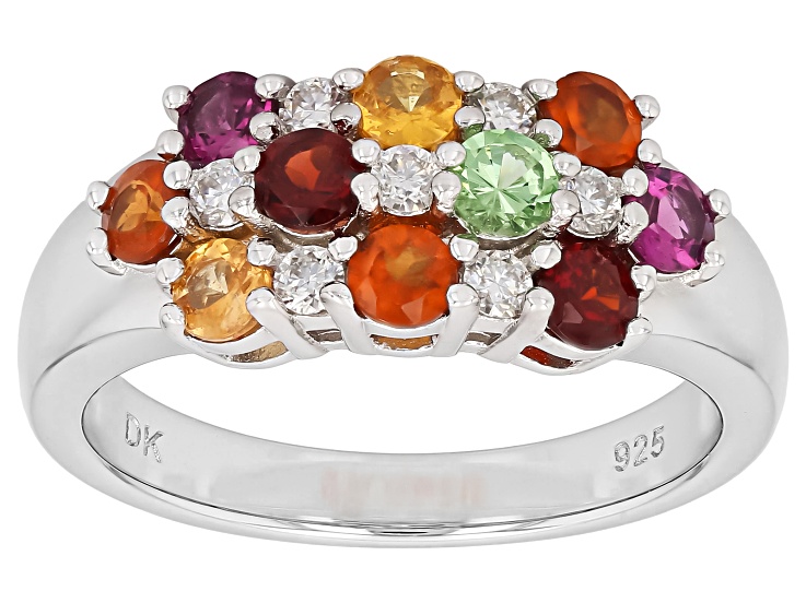 Multi Color Garnet With White Moissanite Rhodium Over Sterling Silver Multi-Row Ring 1.54ctw