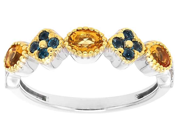 Golden Citrine with London Blue Topaz Rhodium and 18K Yellow Gold Over Sterling Silver Ring 0.59ctw