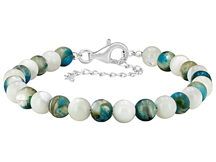 Blended Blue Composite Turquoise with Mother of Pearl Rhodium Over Sterling Silver Bracelet 6mm