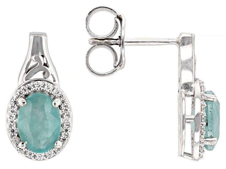 Green Grandidierite with White Moissanite Rhodium Over Sterling Silver Earrings 1.54ctw