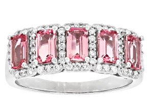 Pink Tourmaline with White Moissanite Rhodium Over Sterling Silver Ring 1.23ctw