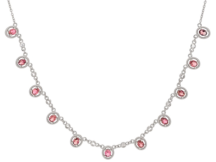 Pink Tourmaline with White Zircon Rhodium Over Sterling Silver Necklace 1.74ctw