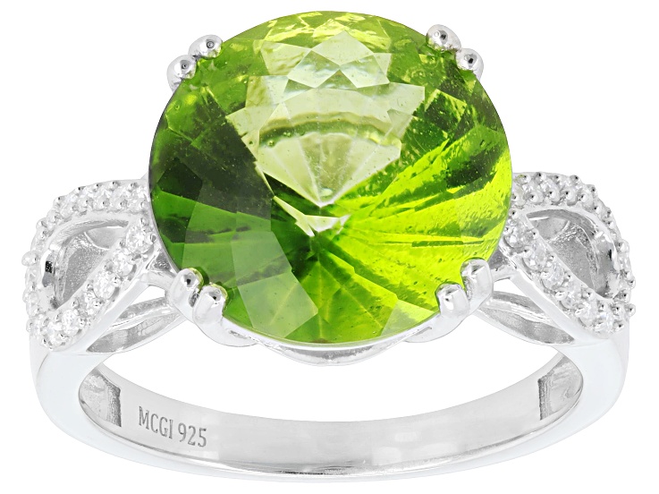Green Meadow Topaz with White Moissanite Rhodium Over Sterling Silver Ring 6.87ctw