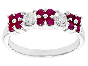 Ruby with White Moissanite Rhodium Over Sterling Silver Ring 0.71ctw