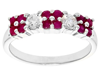 Picture of Ruby with White Moissanite Rhodium Over Sterling Silver Ring 0.71ctw