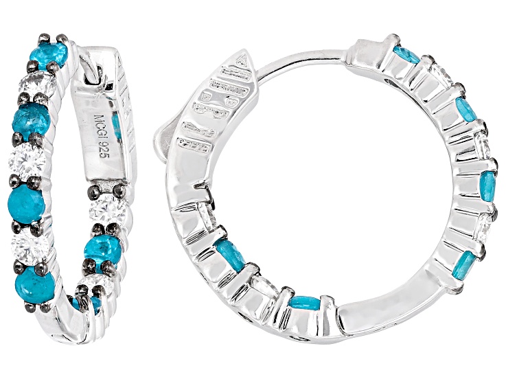 Blue Neon Apatite with White Moissanite Rhodium Over Sterling Silver Hoop Earrings 1.29ctw