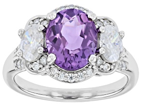 Lavender Amethyst with White Moissanite Rhodium Over Sterling Silver Ring 3.21ctw