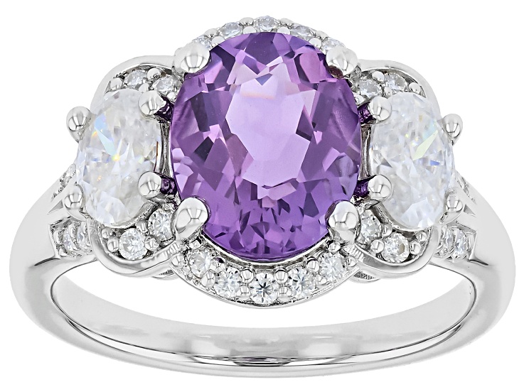 Lavender Amethyst with White Moissanite Rhodium Over Sterling Silver Ring 3.21ctw