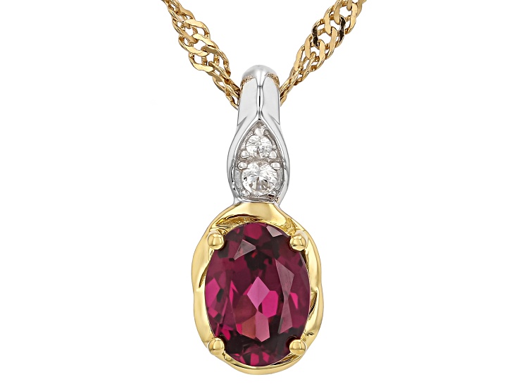 Grape Color Garnet With White Zircon Rhodium & 18K Yellow Gold Over Silver Pendant Chain 0.88ctw