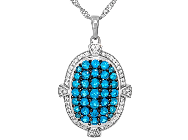 Neon Blue Apatite With White Zircon Rhodium Over Sterling Silver Pendant With Chain 1.65ctw