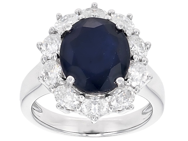 Blue Sapphire with White Moissanite Rhodium Over Sterling Silver Ring 6.45ctw