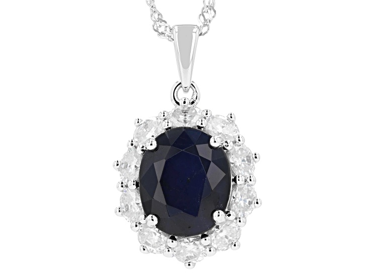 Blue Sapphire with White Moissanite Rhodium Over Sterling Silver Pendant with Chain 6.45ctw