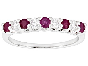 Ruby with White Moissanite Rhodium Over Sterling Silver Ring 0.58ctw