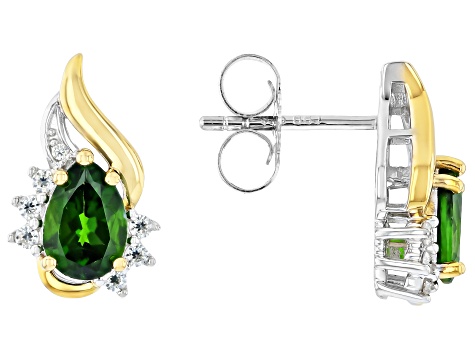 Chrome Diopside with Moissanite Rhodium and 18K Yellow Gold over Silver Stud Earrings 1.64ctw