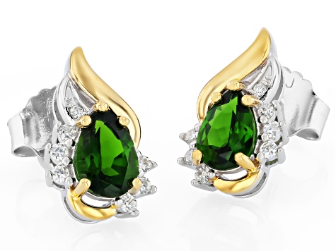 Chrome Diopside with Moissanite Rhodium and 18K Yellow Gold over Silver Stud Earrings 1.64ctw