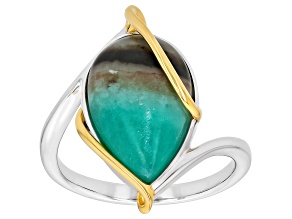 Blue Opalized Wood Rhodium and 18K Yellow Gold Over Sterling Silver Solitaire Ring