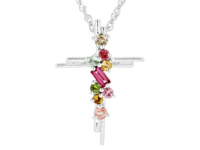 Pink and Multi-Color Tourmaline Rhodium Over Silver Cross Pendant With Chain 0.50ctw