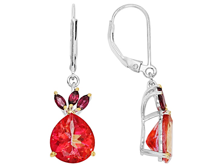 Orange Sunburst Topaz with Purple Rhodolite Rhodium Over Sterling Silver Two Tone Earrings 7.02ctw