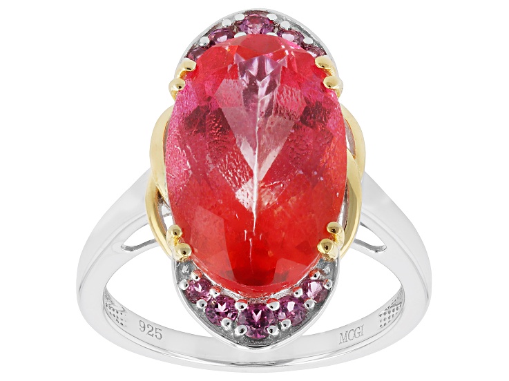 Orange Sunburst Topaz with Purple Rhodolite Rhodium Over Sterling Silver Two Tone Ring 7.58ctw