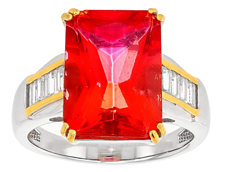 Orange Sunburst Topaz with White Moissanite Rhodium and 18K Yellow Gold Over Silver Ring 8.00ctw