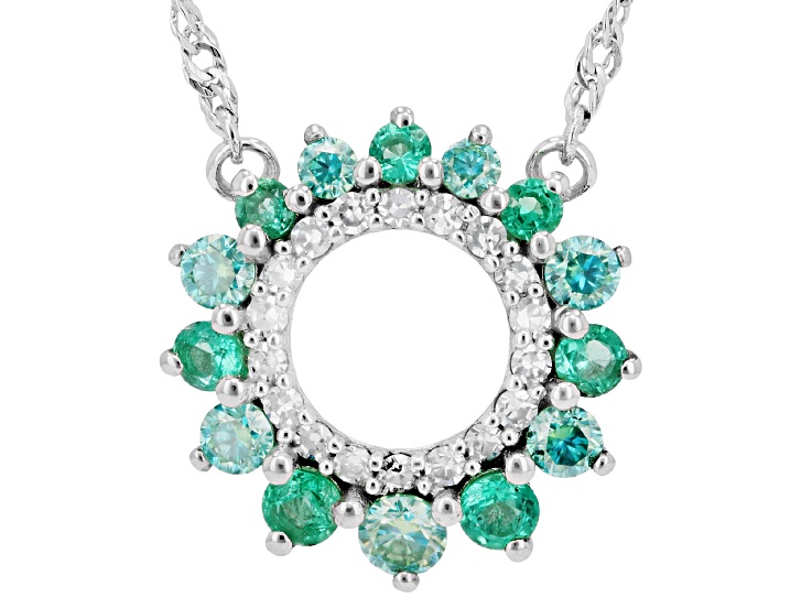Green Colombian Emerald with Moissanite and Lab Grown Diamond Rhodium Over Silver Pendant 0.82ctw
