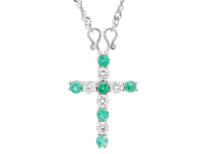 Colombian Emerald with Lab Grown Diamond Rhodium Over Sterling Silver Pendant with Chain 0.63ctw