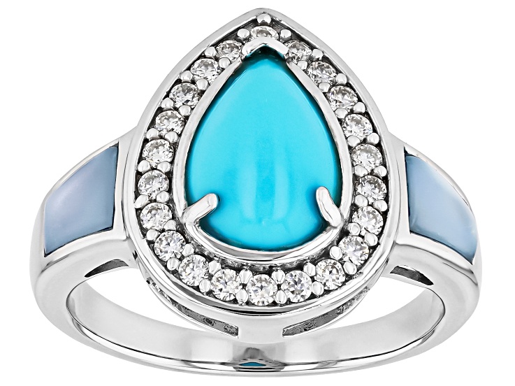 Blue Sleeping Beauty Turquoise with Moissanite & Mother-of-Pearl Rhodium Over Silver Ring 0.28ctw