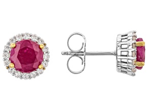 Red Mozambique Ruby with Moissanite Rhodium and 18K Yellow Gold Over Silver Earrings 2.44ctw